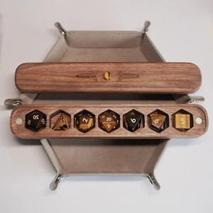 COMBO / Natural Tiger's Eye Dice Set Wooden Box Combo Dice Tray RPG Accessories - Picture 1 of 5