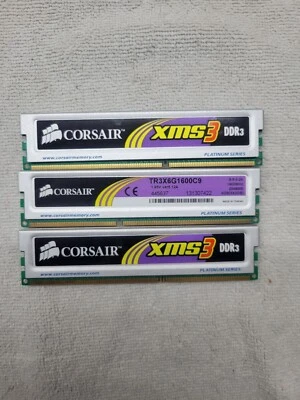 Corsair XMS3 6 GB (3 x 2GB) DIMM 1600 MHz DDR3 RAM Memory (TR3X6G1600C9) QTY 1 - Image 1 of 2