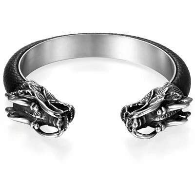 Pulseira de aço inoxidável Viking Dragon Heads incrustada com couro preto para homens - Imagem 1 de 4