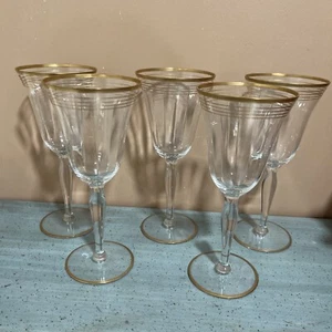 Crystal Water Glasses With Multiple Gold Bands Vintage Set Of 5 - Picture 1 of 4