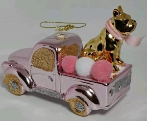 Dog on Pink Pickup Truck Ornament Gold Silver Glitter Boxer Frenchie Kitschy - Picture 1 of 10