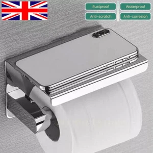Bathroom Toilet Paper Roll Holder Wall-Mounted With Mobile Phone Storage Shelf - Picture 1 of 12