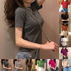 Women Summer Slim Fit Short Sleeve TShirt Casual Solid Color Top for Daily Wear - Picture 1 of 15