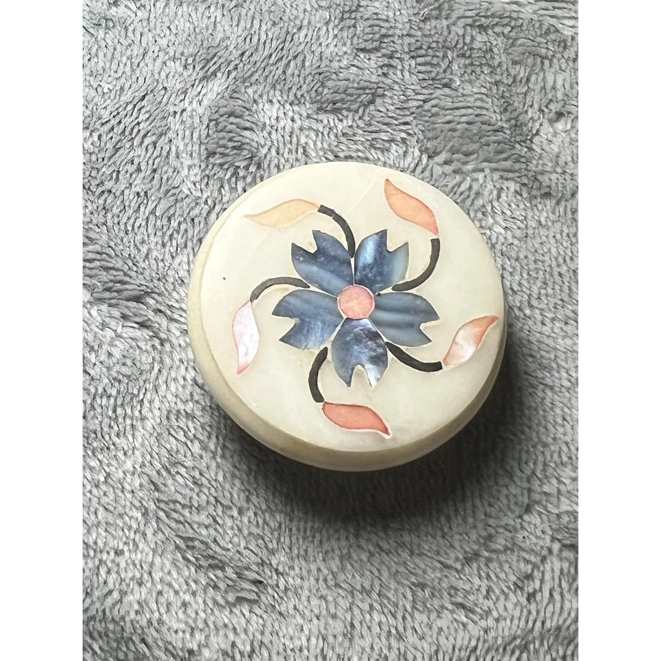 Vintage Stone Inlay Trinket Box Floral Round Alabaster Soapstone 2.5 Inch - Image 1 of 4