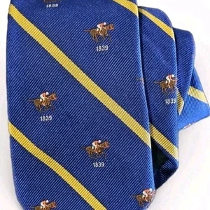 RUGBY Ralph Lauren marineblaue handgefertigte Seidenkrawatte Polo Pferd diagonal gold gestreift - Bild 1 von 5