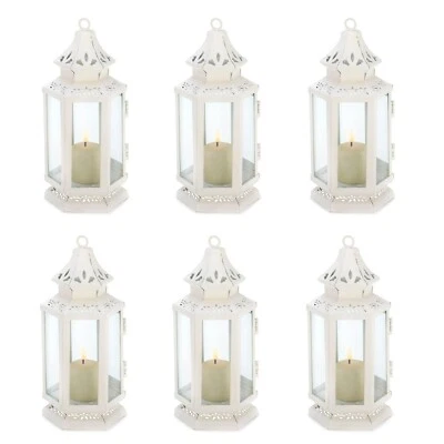 6 Pc Discount Wedding Lot White Victorian Candle Lantern Floral Metal Cutout 8"H - Image 1 of 4