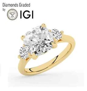 Cushion Solitaire Labgrown Diamond Trilogy Ring 14k Yellow Gold 4.60 Ct F VVS2 - Picture 1 of 23