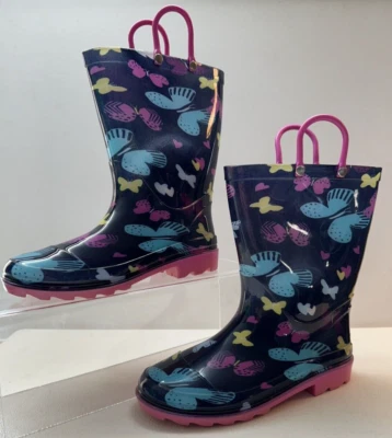Pull On Impermeable Primavera Niñas Mariposa Botas de Lluvia Negro Rosa Zapatos Talla 2 Foto 1 de 4