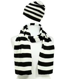 Hat & Scarf Set - Knitted Stripes Set - HTSF-TO103BKWT - Picture 1 of 1