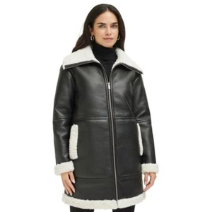 Calvin Klein Mantel Damen XL Schwarz Flieger Moto Kunstleder Kunstfell Neu mit Etikett - Bild 1 von 8