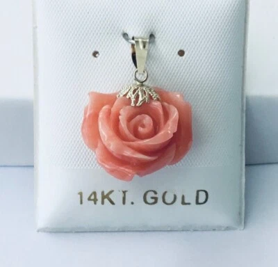 Stylish Solid 14K Yellow Gold  Genuine Pink Coral Hand Carved Flower Pendant NEW - Image 1 of 4