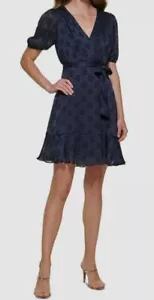 $139 Vestido DKNY Para Mujer Azul Cuello en V Camisa Manga Punto Satinado Imitación Envoltura Talla US 14 - Imagen 1 de 3