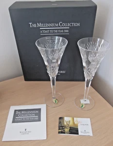 WATERFORD CRYSTAL PAIR CHAMPAGNE FLUTES GLASSES MILLENNIUM TOASTING PROSPERITY - Picture 1 of 6