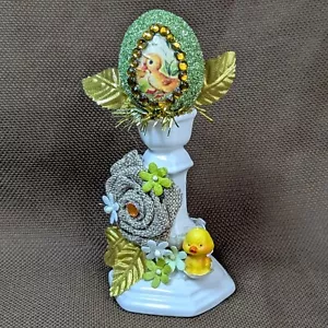 EASTER Diorama on a Vintage Candle Stick Handmade w VTG Chick Cup Cake Topper - Picture 1 of 11