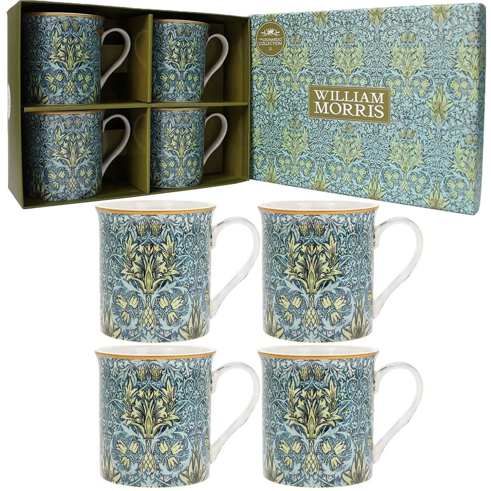 The Leonardo Collection Set of 4 China Coffee Mugs William Morris Floral Snakeshead