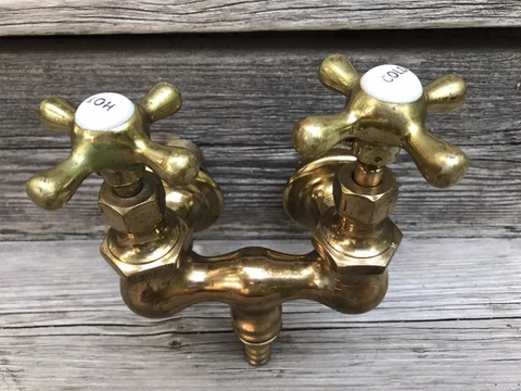 Vtg Antique Heavy Early 1900s Hot Cold Porcelain Sink Brass Gold Faucet Salvage Cover