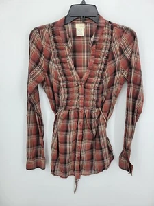 Daytrip Buckle Top Damen Medium weinrot kariert geraffte Taille zum Binden Boho Riegelärmel - Bild 1 von 9