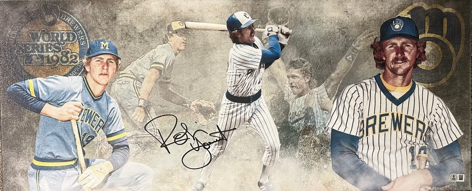 Brewers ROBIN YOUNT Signed 13x31 Stretched Canvas Milwaukee Collage AUTO - BAS - Image 1 of 1