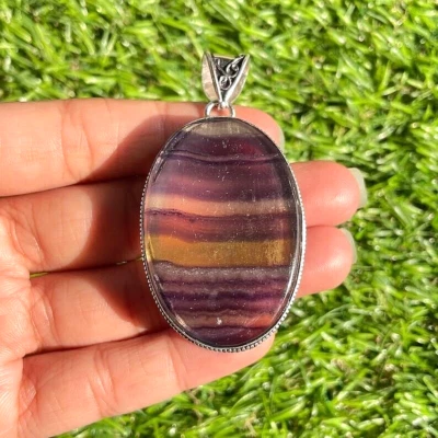 萤石宝石手工吊坠 925 纯银珠宝吊坠 1.98 英寸 — 第 1/4 张图片