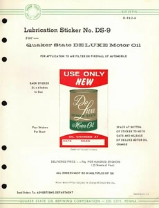 Vintage 60er Jahre QUAKER STATE "SCHMIERUNG ERINNERUNG AUFKLEBER" Jobbers VERKAUFSBLATT - Bild 1 von 6