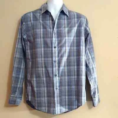Spring & Mercer Men's Size M blue gray tan plaid classic shirt adjustable sleeve - Image 1 of 4