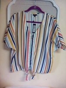 Rebecca Elliott Stripes Colorful Size Large Runs Big Button Up Short Sleeve... - Picture 1 of 6