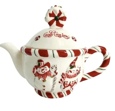 Candy Cane Lane Ceramic Teapot By Blue Sky Clayworks 8.5x11” Christmas Snowman - Image 1 of 4