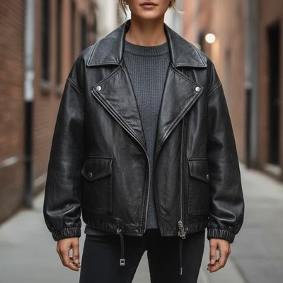 Vintage Style Black Oversized women Leather Bomber Jacket | 90s Grunge Y2K - Image 1 of 4