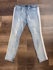 Fashion Nova Jeans Mens Size 36x31 Distressed White Sides Zipper Ankles - Picture 1 of 9