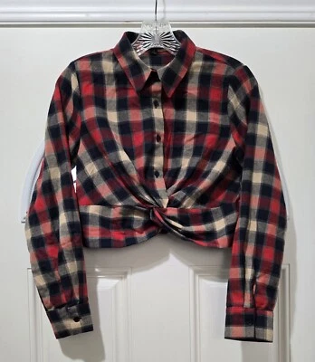 T.I. Camisa M.I.N.G Top Mujer S Roja Cuadros Algodón Manga Larga Corto Botón Pullover Foto 1 de 4