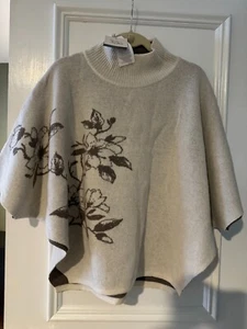NEW Note di Anita  Mock Neck Ivory wool Floral Cape Poncho Topper - Picture 1 of 4