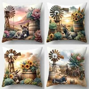 Rustic Windmill Donkey Sunflowers Pillow Covers 18"x18" inch 4 PC SET Home Decor - Picture 1 of 5