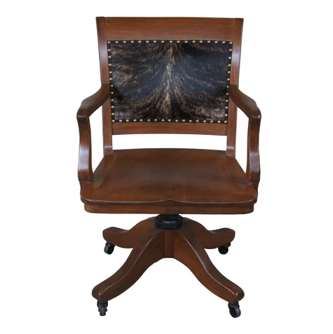 Antique Mahogany Cowhide Nailhead Executive Library Desk Swivel Arm Chair Cover