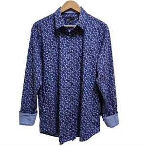 Quieti Shirt Mens XL 100% Fine Cotton Blue Floral Button Flip Cuff Long Sleeve - Picture 1 of 13