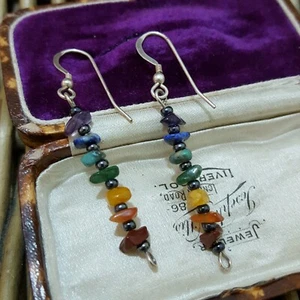 925 Sterling Silver Earrings, Rainbow Earrings, Multi Gemstones, Emerald  - Picture 1 of 6