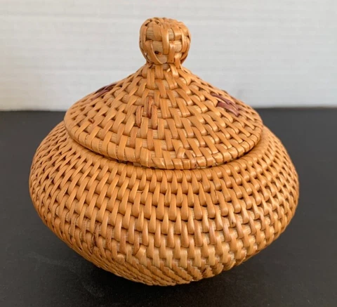 Vintage Mini Wicker Woven Basket  Lidded Oval Shaped Handmade Boho Natural 3" D Cover