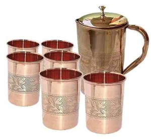 Copper Embossed Design Copper Pitcher 6 Serveware and Drinkware Jug & Glass Set - Picture 1 of 3