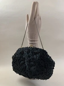 Vintage Black 1960s Beaded Clutch Bag Handbag Gold Chain Strap & Fabric Lining - Picture 1 of 24