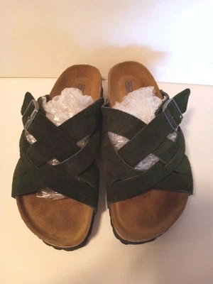Birkenstock Lugano Sz 39 8 SUEDE Mountain View Green Criss Cross Slide Sandals  - Image 1 of 4