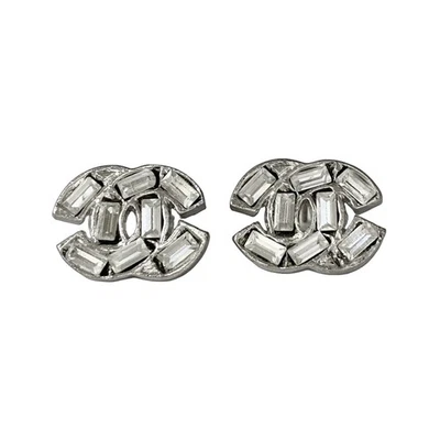 Pendientes Chanel Marca de Coco Piedra Cuadrada Cuadrada Cristal Plata #1023 Foto 1 de 4