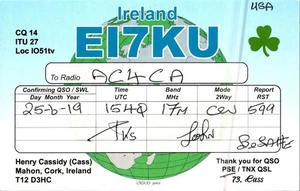 HAM RADIO CQ QSL QSO POSTCARD EI7KU CORK IRELAND 2019 OP. HENRY CASSIDY (CASS) - Picture 1 of 4