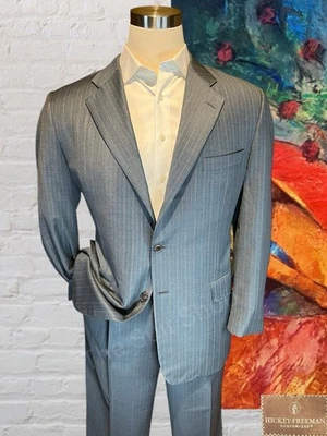 Hickey Freeman 44R 38x27 Gray with Ice Blue Multi-Stripe Quality Suit 3/2 Roll - Image 1 of 4
