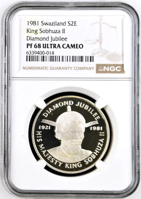 1981 Swaziland 2 Emalangeni King Sobhuza Diamond Jubilee Silver NGC PF 68 UC - Image 1 of 4