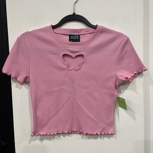 Crop top Katrina rosa nuovo con etichette un laboratorio ritaglio farfalla orlo lattuga taglia media - Foto 1 di 5