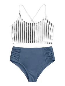 Women's Bathing Suits Striped Criss Cross Bikini Set High Waisted Swimsuits B... - Picture 1 of 6