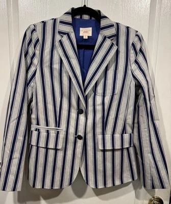 Brooks Brothers 条纹海军蓝、白色和黑色 2 纽扣西装外套 6 码 — 第 1/4 张图片