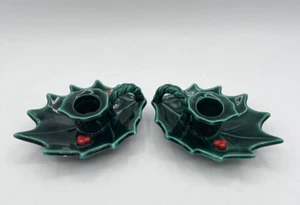 Two Vintage Christmas Lefton Green Holly Berry Taper Candle Holders - Picture 1 of 6