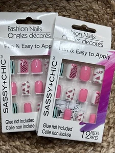 Fake Nails Watermelon 2 Sets Of 12 Stylish Summer Spring Picnic 24 Nails - Picture 1 of 3