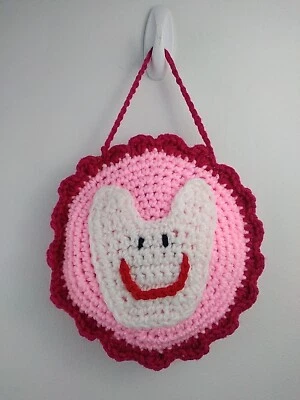 Almohada de hadas de dientes de ganchillo a mano recuerdo niñas redonda 7,5" acrílico rosa Foto 1 de 3
