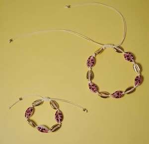 GirlGo Pink Leopard Puka Adjustable Shell Chocker Necklace Bracelet Set - Picture 1 of 4